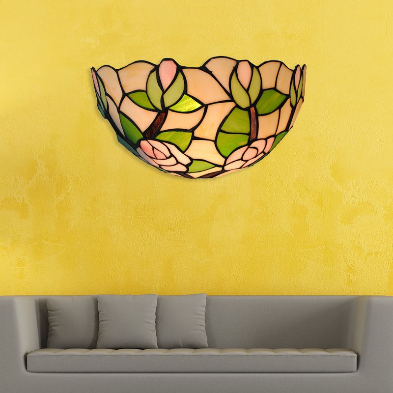 Green Bowl Wall Mount Light with Pink Rose Rustic 1 Head Stained Glass Mini Wall Lamp