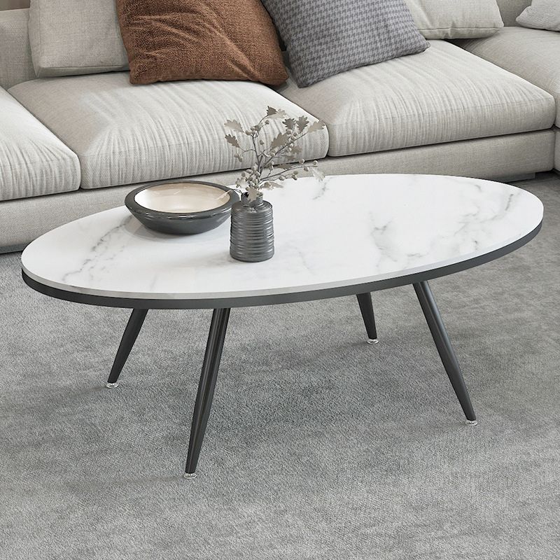 White Oval Stone Top Coffee Table with 4 Iron Legs Single Coffee Table