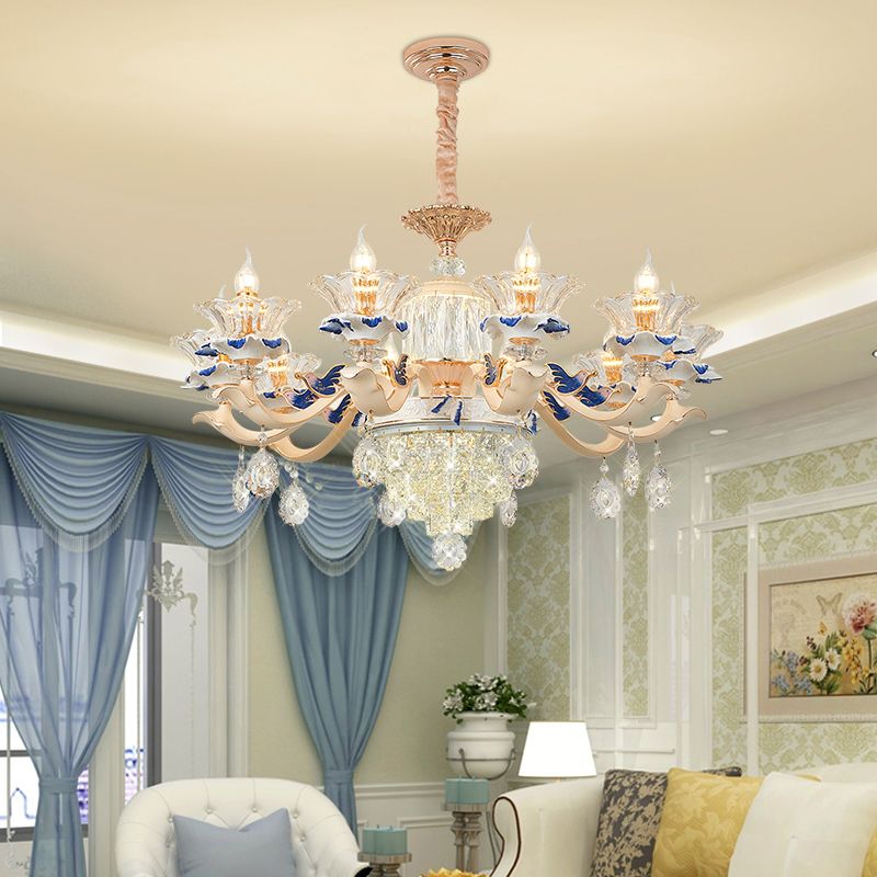 Flower Ribbed Glass Suspension Light Retro Style Living Room Chandelier Light with Crystal Draping in White