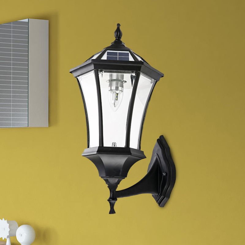 Zeshoekige gang muurverlichting boerderij helder glas 1 lamp zwarte zonne -energie wandlamp