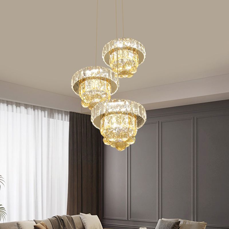 2-Layered Clear Faceted Crystal LED Multi Ceiling Light Modernism 3-Bulb Living Room Pendant Lamp