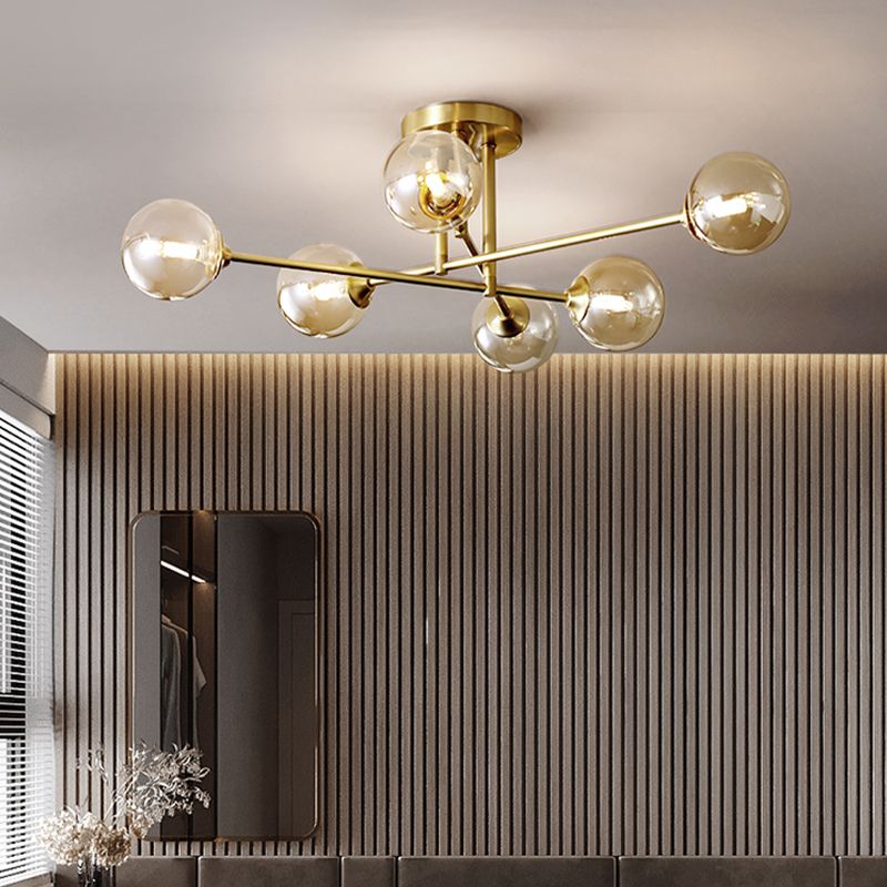 Gold Globe Semi-Flush Light Fixture Modern Glass Shade Ceiling Lamp Fixture