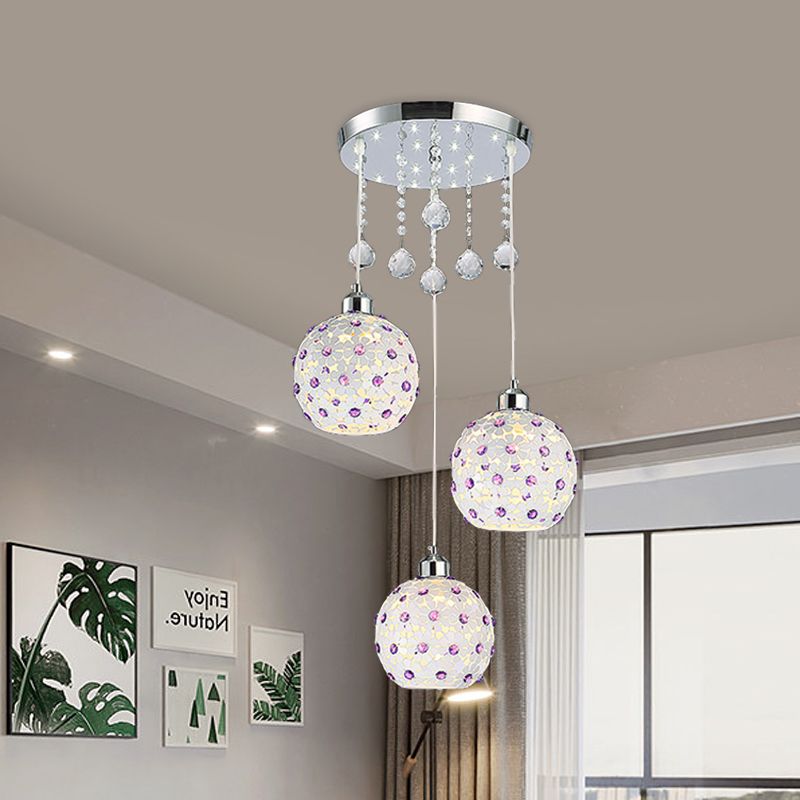 Sphere Multi-colgante Iron Modern 3 luces Techo de acabado blanco Colque de techo con decoración de cuentas de cristal púrpura