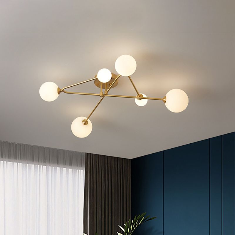 Orb Semi Mount Lighting Simple Salon en Verre Opalin Près du Plafonnier en Or