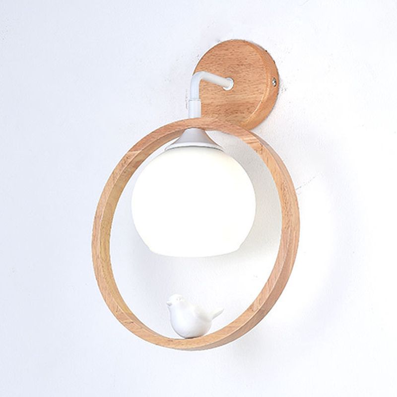 Modernism Wood Lighting Globe White Glass Shaded Wall Light for Foyer