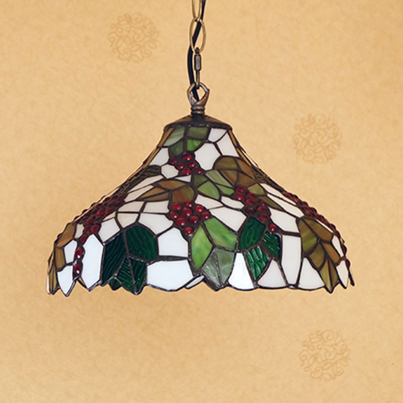 Grapes Drop Lamp 1 Light Stained Glass Tiffany Style Suspension Lighting Fixture in Green