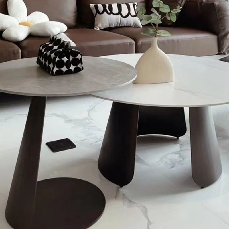 2-Piece Slate Round Coffee Table Set Modern White Simple Cocktail Table