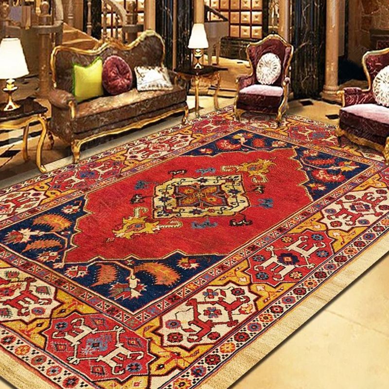 Persian Living Room Rug Multi Colored Geometric Carpet Polyester Pet Friendly Stain Resistant Anti-Slip Backing Rug with Braided Trim