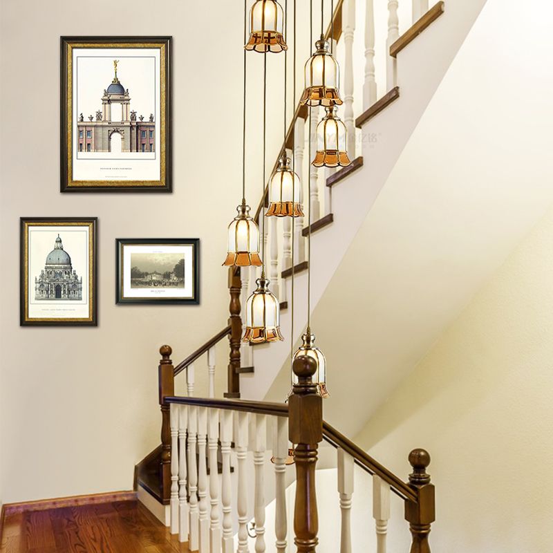 Brass 8-Bulb Multiple Hanging Light Colonial Milk Glass Floral Suspended Pendant Lamp