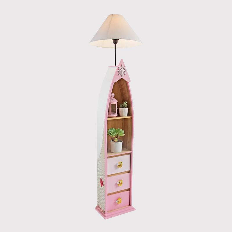 Lampada da pavimento a tavola da surf a surf in legno Bambini a testa singola rosa/verde/blu in piedi luce con tonalità in tessuto bianco cono