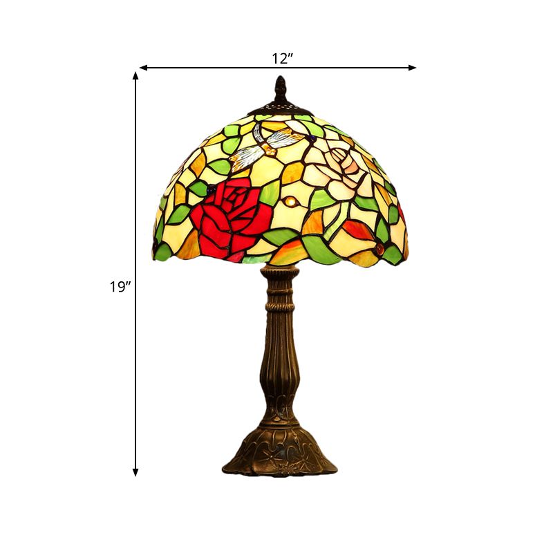 Tiffany Bowl Shade Table Light 1 Lámpara de vidrio de arte hecha a mano de bombilla con patrón de rosa en bronce