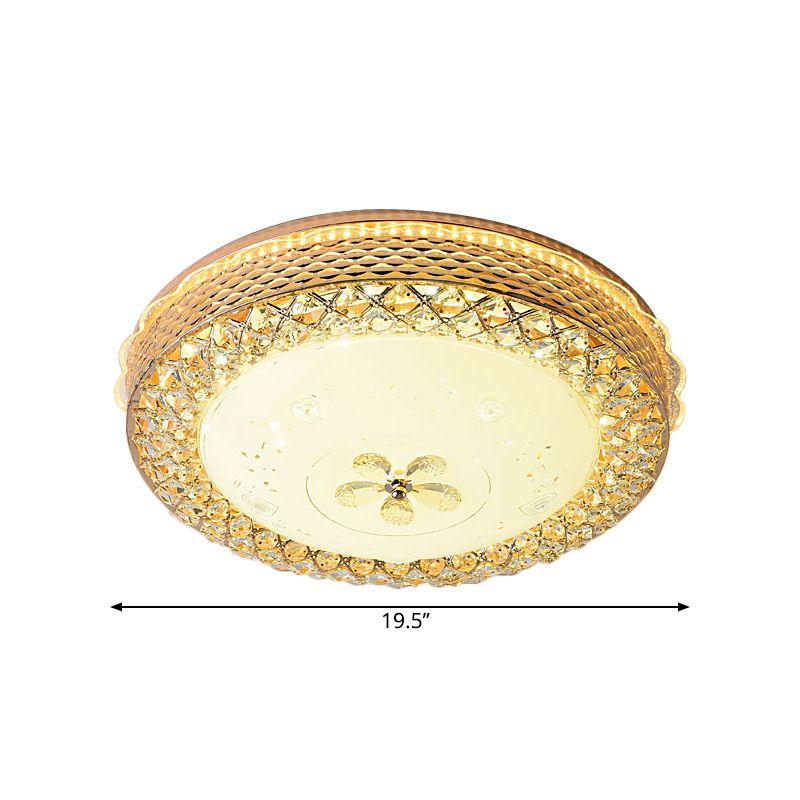 Plafonnier en forme de bol en cristal biseauté, plafonnier LED moderniste doré avec motif floral