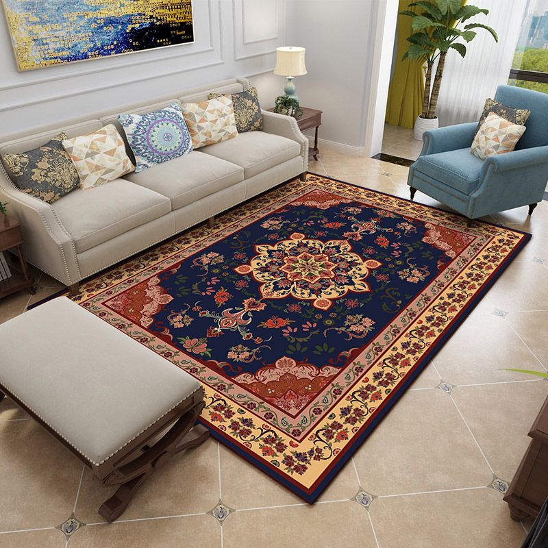 European Medallion Pattern Area Rug Polyester Area Carpet Anti-Slip Easy Care Rug for Home Decor