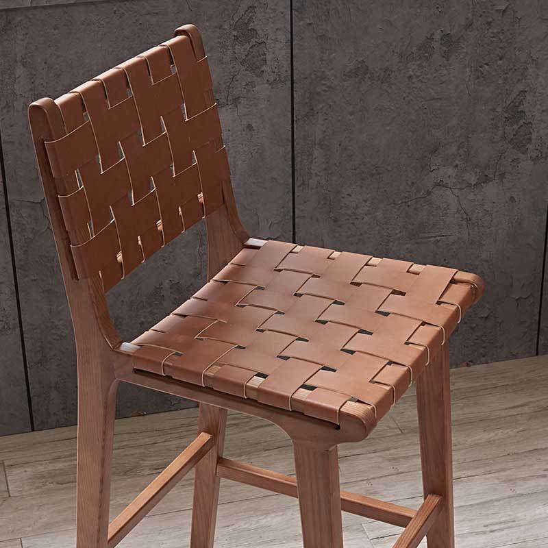 Industrial Low Back Dining Stool Solid Wood Bar Stool with Footrest