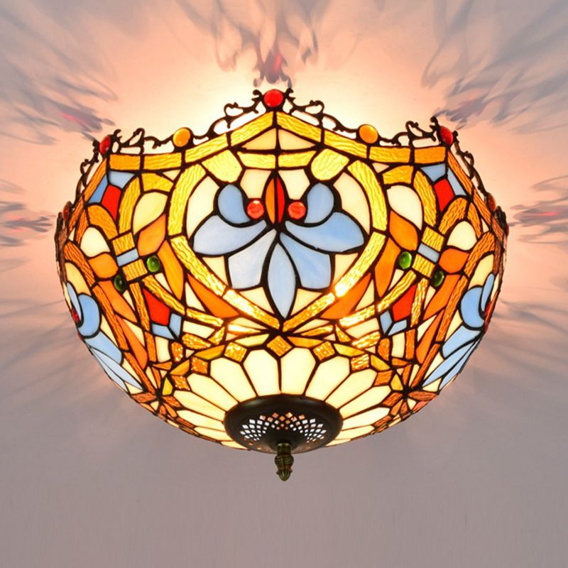 Hand Cut Glass Blue Ceiling Mount Scalloped 2/3 Lights Baroque Flush Mount Ceiling Light, 12"/16" Width