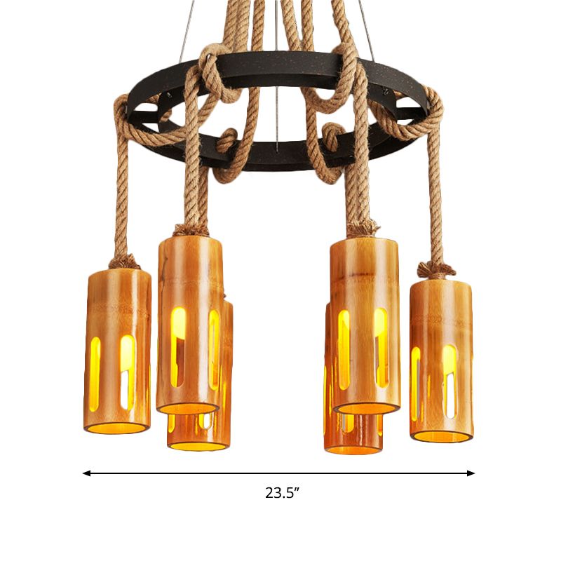 Bamboo Chandelier Lamp Lodge Style Multi Lights Pendant Lighting with Hanging Rope