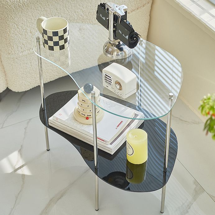 Modern Glass Top 4 Legs Double Tier Naturally Shaped Accent Side Table