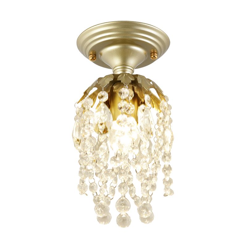 Mini plafonnier finition laiton, métal moderne, 1 lumière semi-encastrée avec perle de cristal pour couloir