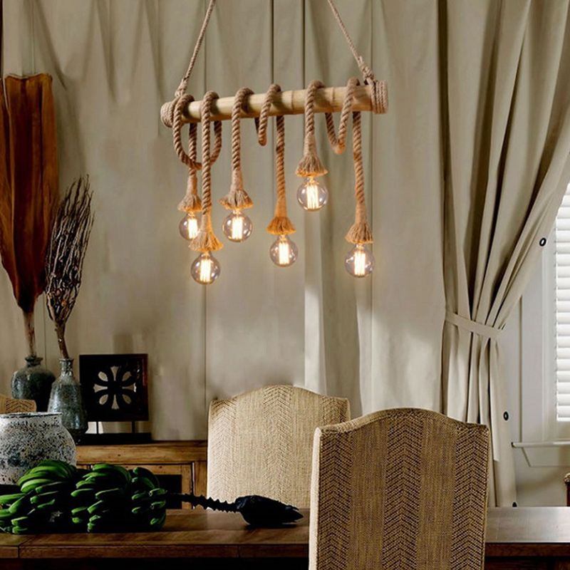 Vintage Hemp Rope Chandelier Industrial Retro Linear Exposed Bulb Bamboo Pendant for Restaurant