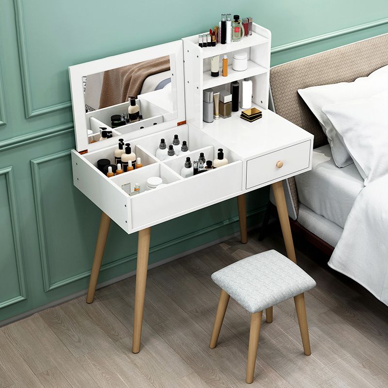 White Wood-based Panel Countertops Solid Wood Legs with Storage Racks and Dressing Tables