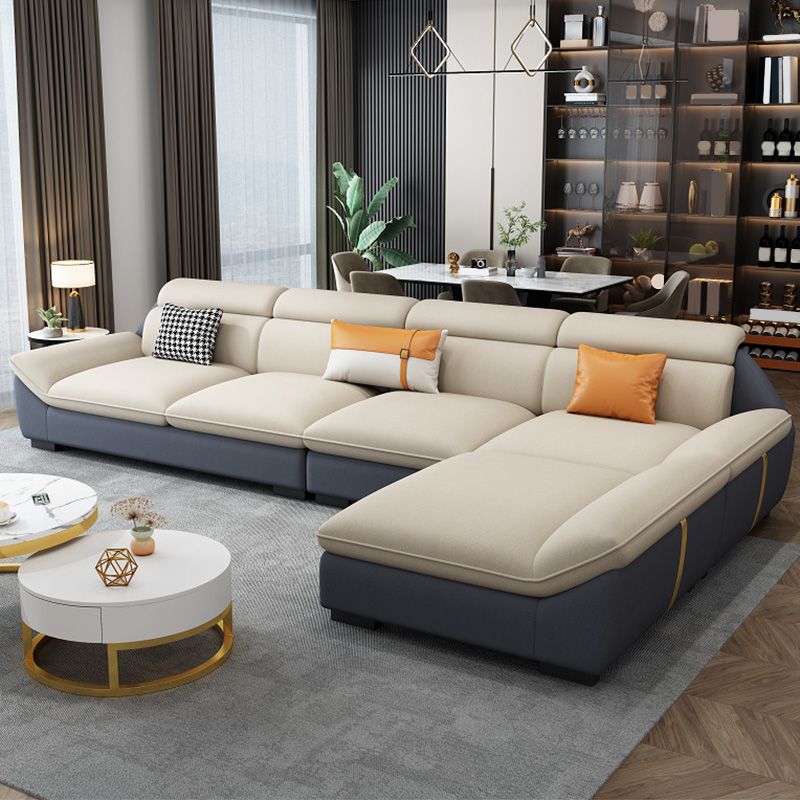 Nordic Faux Leather Sectional in Beige Flared Arm Sectional with Pillows