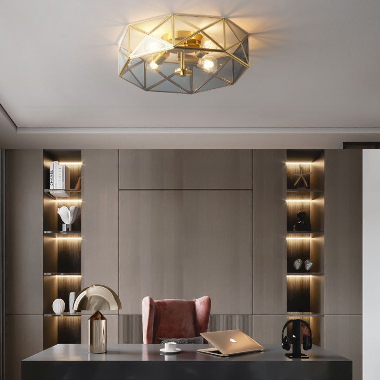 Plafonnier géométrique vintage colonial en cuivre, plafonnier à 4 lumières avec abat-jour en verre