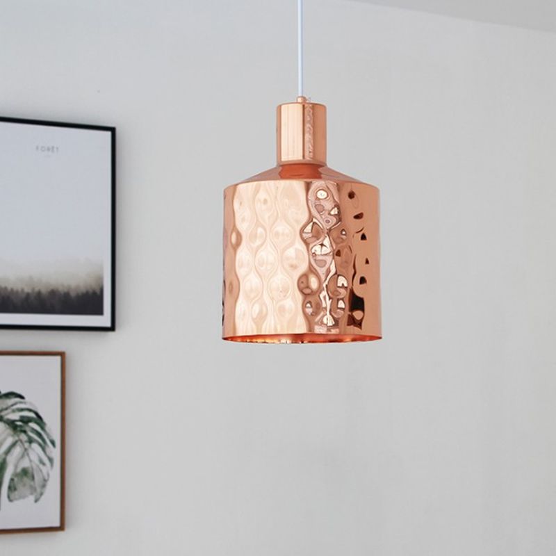 Mid Century Single Hanging Lamp Iron Rose Gold Dimpled Cylindrical Pendant Lighting Fixture