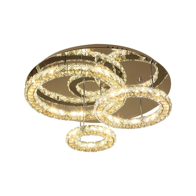 3-Ring LED Semi Flush Mount Contemporary Stainless-Steel Clear Cut Crystal Blocks Ceiling Light Fixture