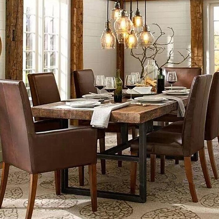 Contemporary Brown Kitchen Dining Table Rectangle Solid Wood Dining Table with Trestle Base