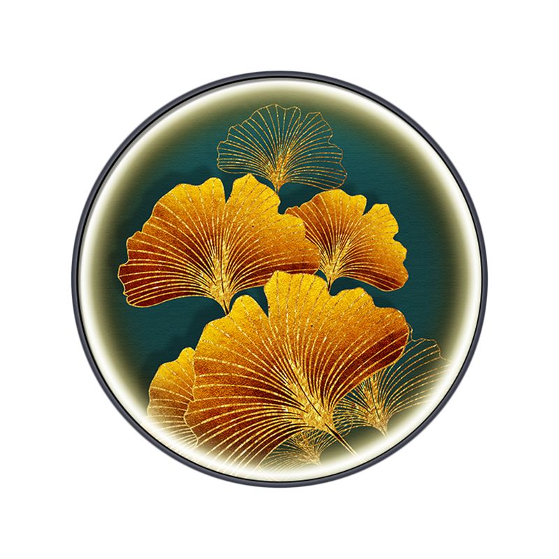 Aziatische ronde wand muurschildering Mount Lamp Fabric Led Corridor Wand SCONCE Licht met Ginkgo Leaf Patroon in geel/geelgroen