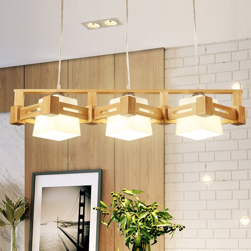 Cubic Milk Frosted Glass Island Lighting Modern 3 Bulbs Beige Pendant Lamp with Wood In-Line Rhombus Cage