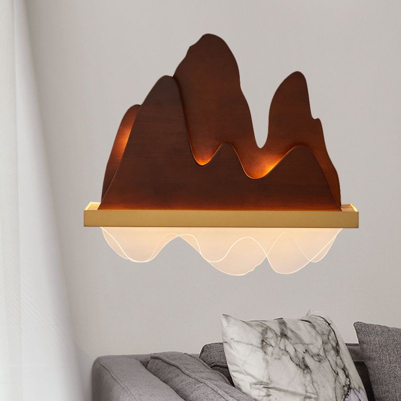 Mountains Bedside Wall Light Fixture Wooden 6-Bulb Asian Style Mural Lighting in Brown