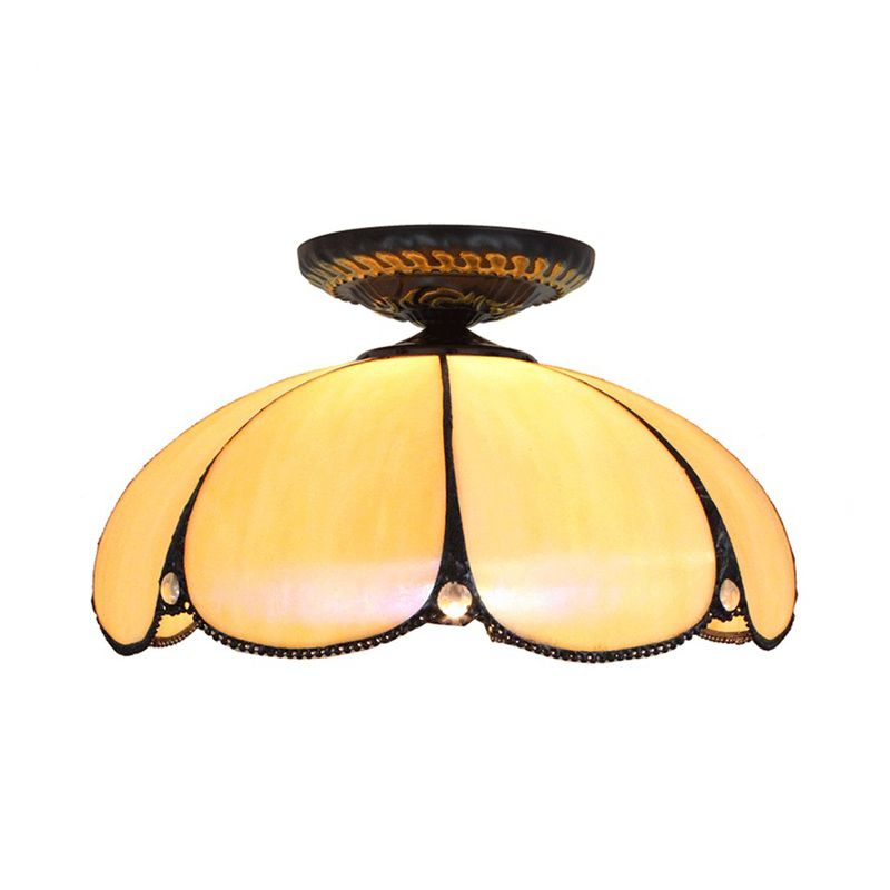 1 Light Scalloped Ceiling Lighting Tiffany White Metal Flush Mount Light Fixture for Bedroom