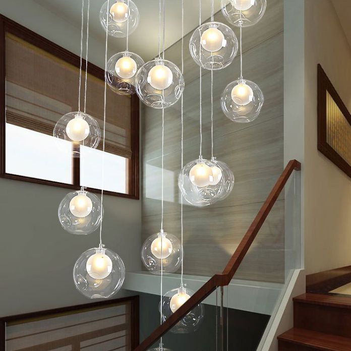 Ball Spiral Stairs Multi-Pendant Clear Dimpled Glass 15-Light Modern Ceiling Light