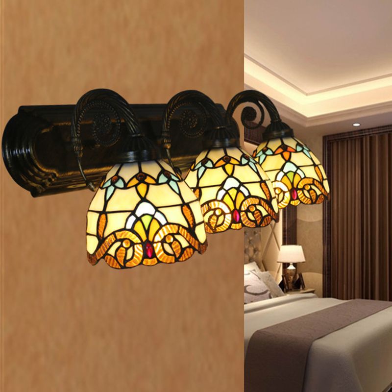 Stained Glass Brass Wall Lamp Scalloped Dome 3 Heads Tiffany Wall Mounted Lighting for Corridor
