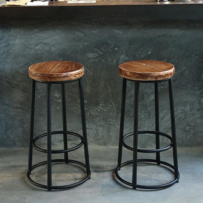 Brown Wood Backless and Armless Stool Industrial Bar and Counter Stool with Iron Legs