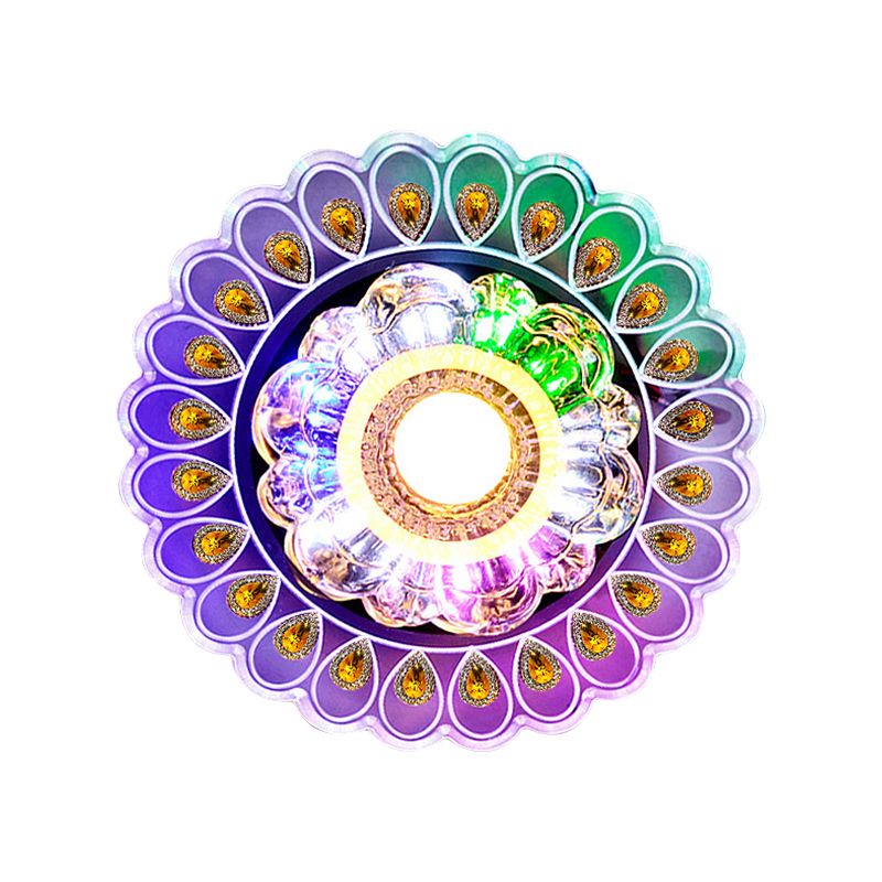 Simple Flower Flushmount Clear Crystal LED Corridor Close to Ceiling Light with Peacock Tail Edge