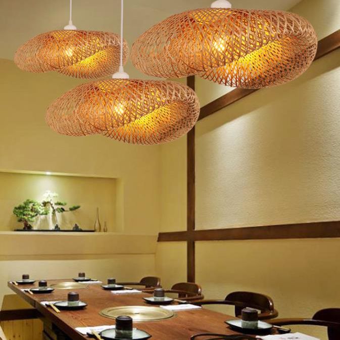 Straw Hat Shaped Bamboo Weaving Suspension Lamp Asian Style Single Bulb Hanging Light with 47" Adjustable Hanging Wire