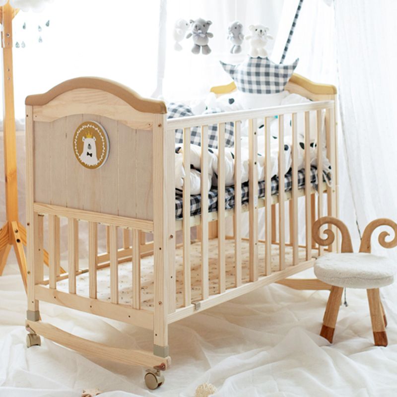 Farmhouse Brown Nursery Bed Wooden Storage Crib with Casters