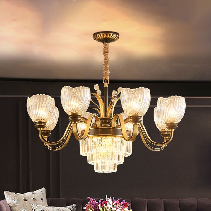 Braccio curvy soggiorno lampadario classico vetro prismatico in vetro a 8 luci oro a pendente