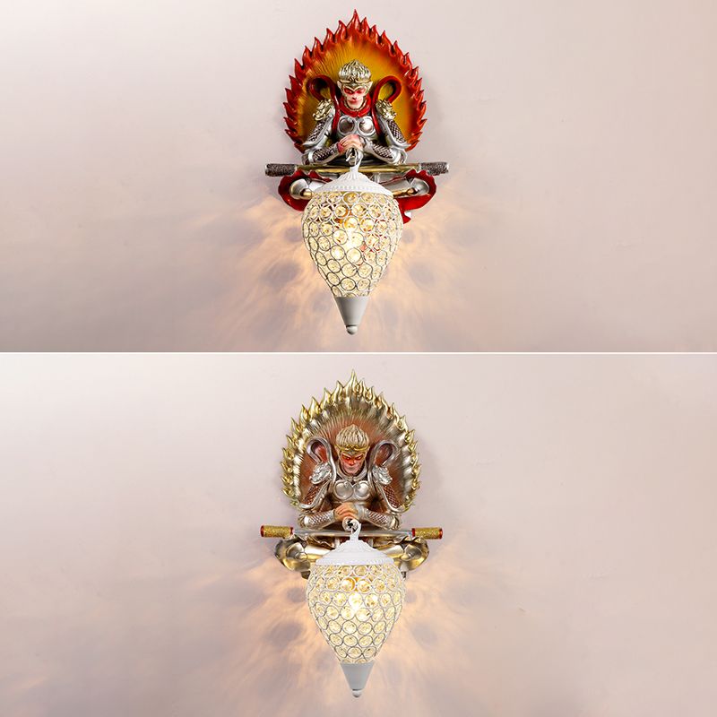 Resin Monkey King Wall Sconce Decorative 1-Light Wall Lamp with Crystal Shade