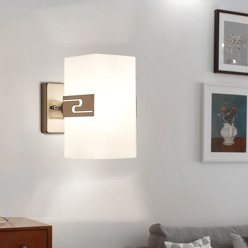 Nickel Cuboid Wall Mounted Light Modern 1-Light White Glass Sconce Lamp for Corridor