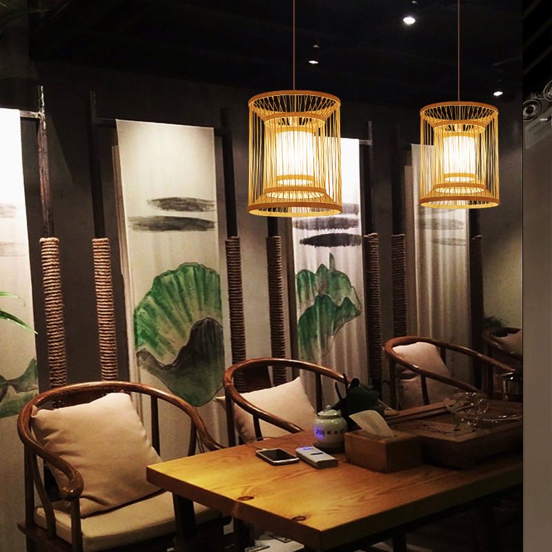 Cylindrical Suspension Light Simplicity Bamboo 1-Light Wood Pendant Light Fixture for Tea Room