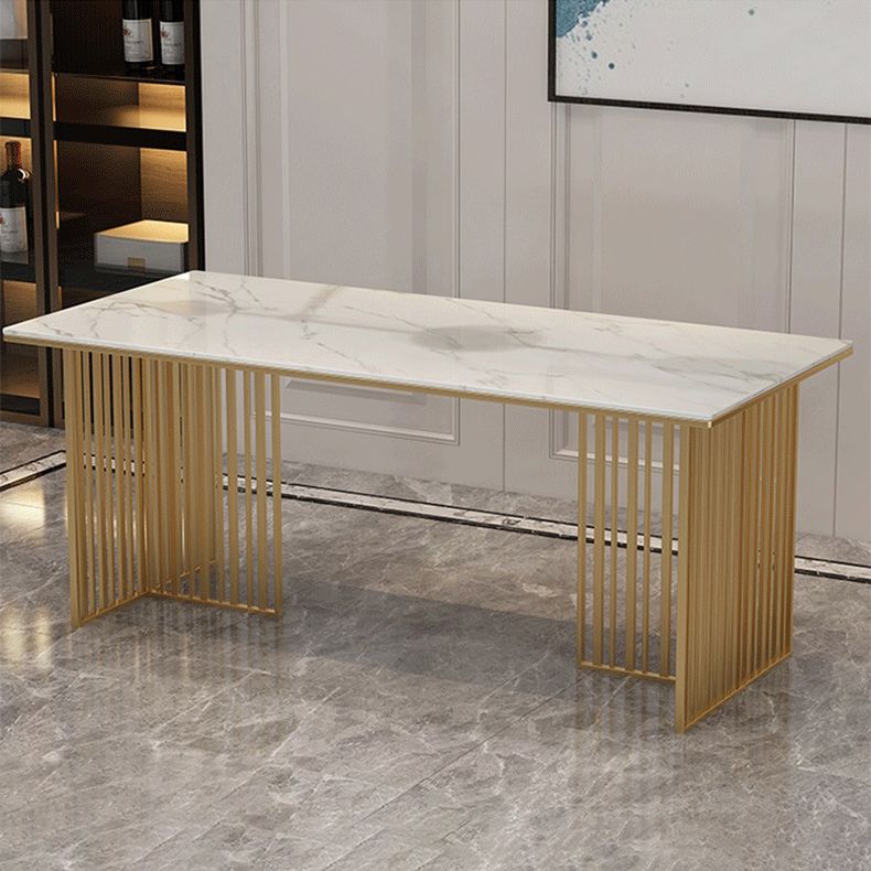 Stone Top Dining Table Contemporary Rectangle Table with Double Pedestal Base