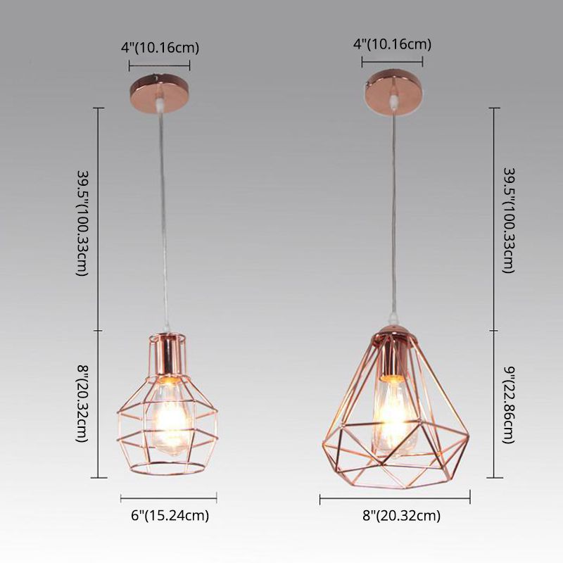 Electroplated Rose Gold Hanging Light Iron Cage Shade Industrial Style Single Bulb Lighting Fixture for Bedroom