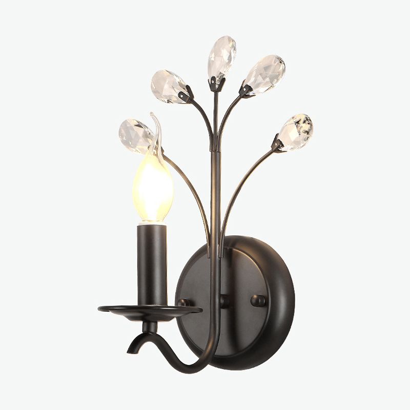 Single-Bulb Candle Wall Sconce Farmhouse Black Metal Wall Light with Crystal Twig