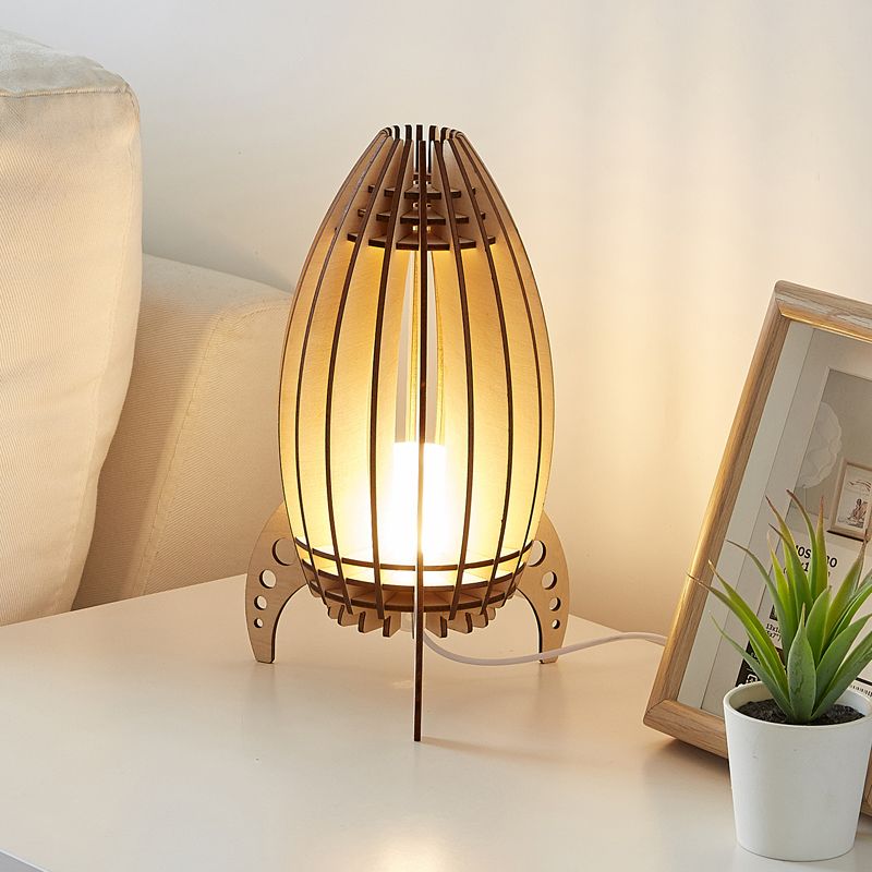 Beige Rocket Frame USB Night Table Light Cartoon LED Wood Nightstand Lamp for Bedroom