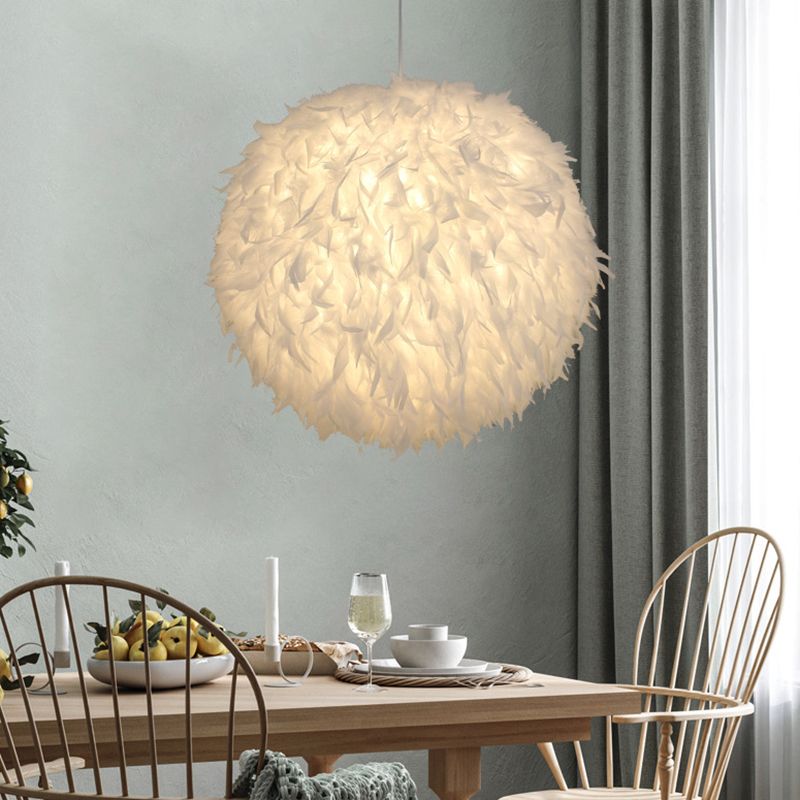 Modern Style Pendant Lighting Fixture White Globe Hanging Lamp with Feather Shade