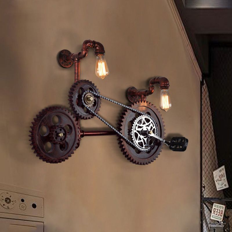 2-Light Wall Light Sconce Antiqued Bicycle Shape Iron Wall Lamp Fixture in Rust for Corridor