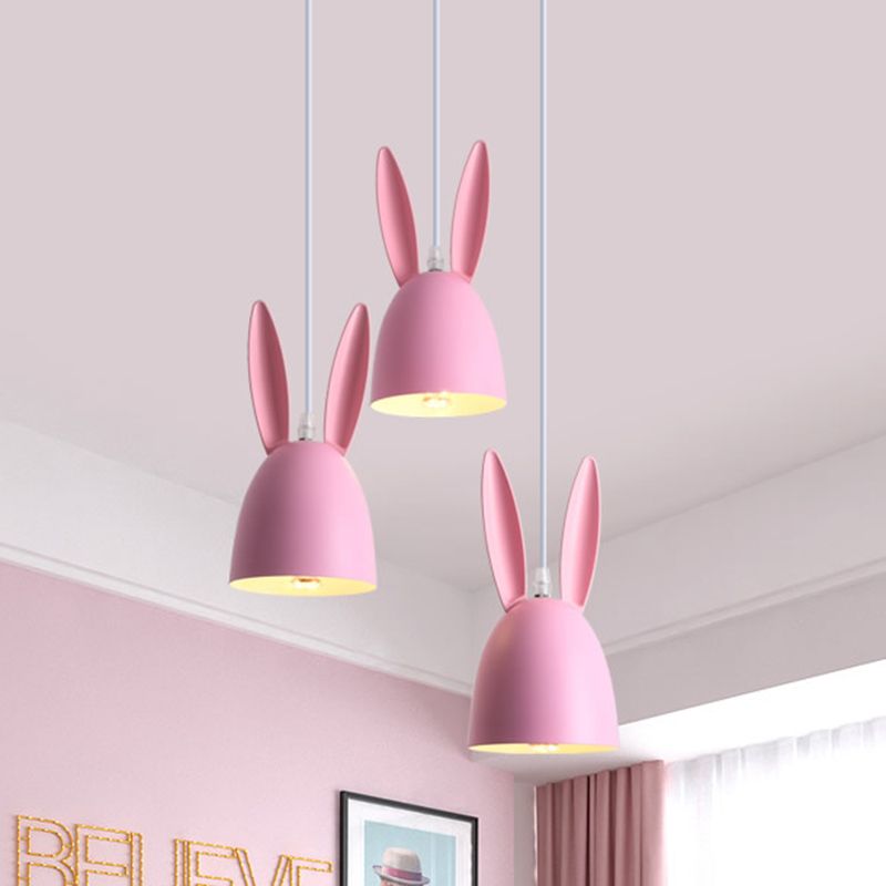 Pink/Blue Rabbit Shade Drop Cluster Pendant Light Cartoon 3 Lights Metal Hanging Lamp